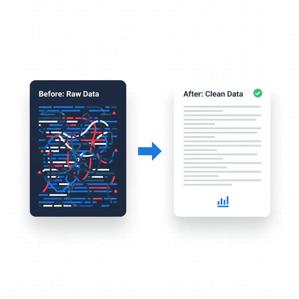 Before (messy SRT) vs After (Clean Research-Ready TXT) subtitle cleaning comparison